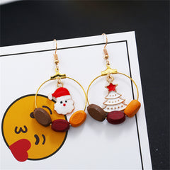 Red & White Santa Tree Circle Wood-Bead Drop Earrings