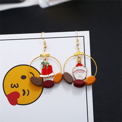 Red & Wood & Santa Bell Circle Drop Earrings