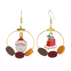 Red & Wood & Santa Bell Circle Drop Earrings