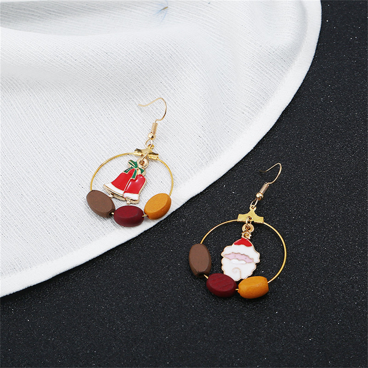 Red & Wood & Santa Bell Circle Drop Earrings