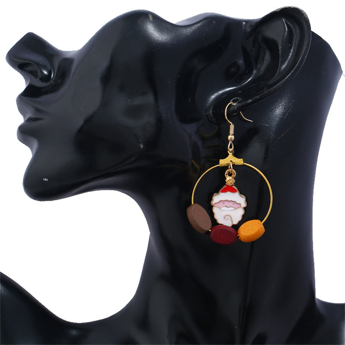 Red & Wood & Santa Bell Circle Drop Earrings