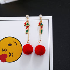 Cubic Zirconia & Red Candy Cane Pom-Pom Drop Earrings