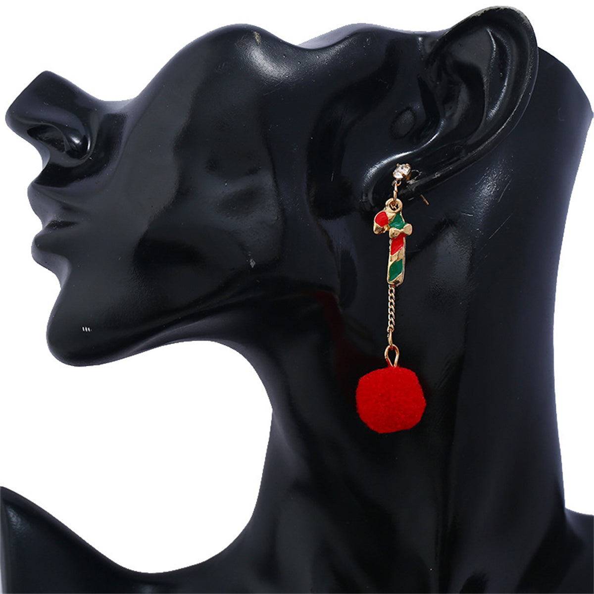 Cubic Zirconia & Red Candy Cane Pom-Pom Drop Earrings