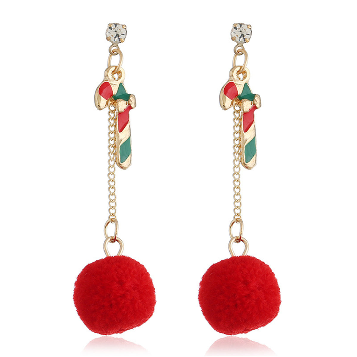 Cubic Zirconia & Red Candy Cane Pom-Pom Drop Earrings