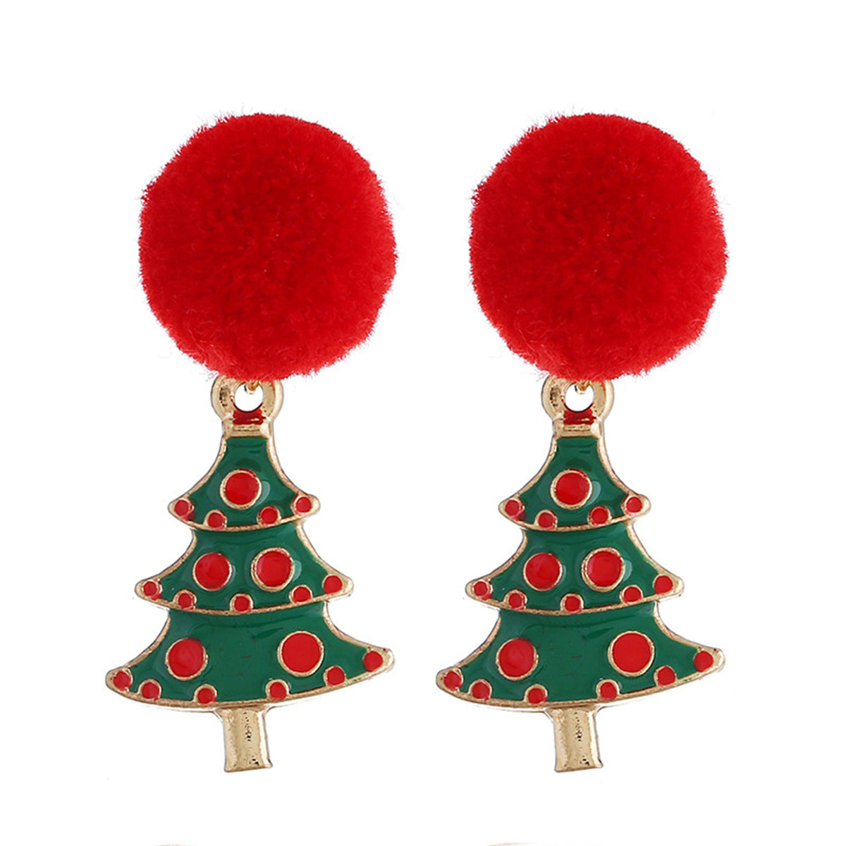 Red & Green Pom-Pom Holiday Tree Drop Earrings