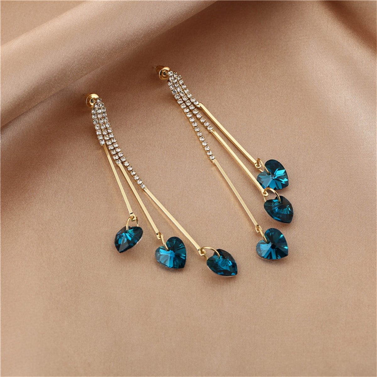 Blue Crystal & Cubic Zirconia Heart Tassel Drop Earrings