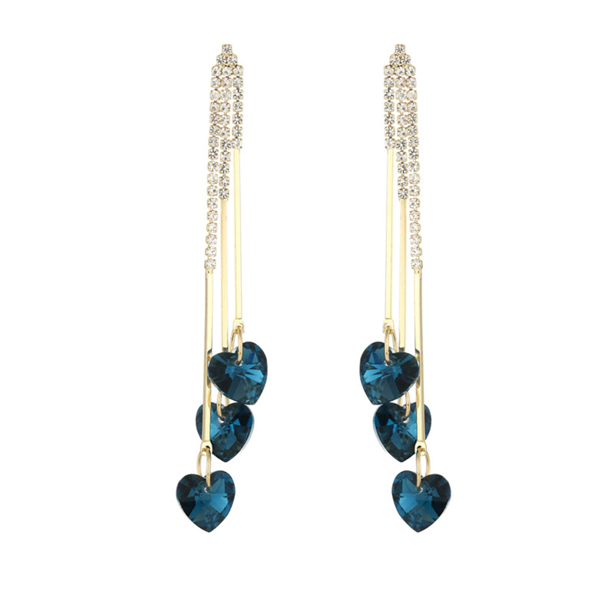 Blue Crystal & Cubic Zirconia Heart Tassel Drop Earrings