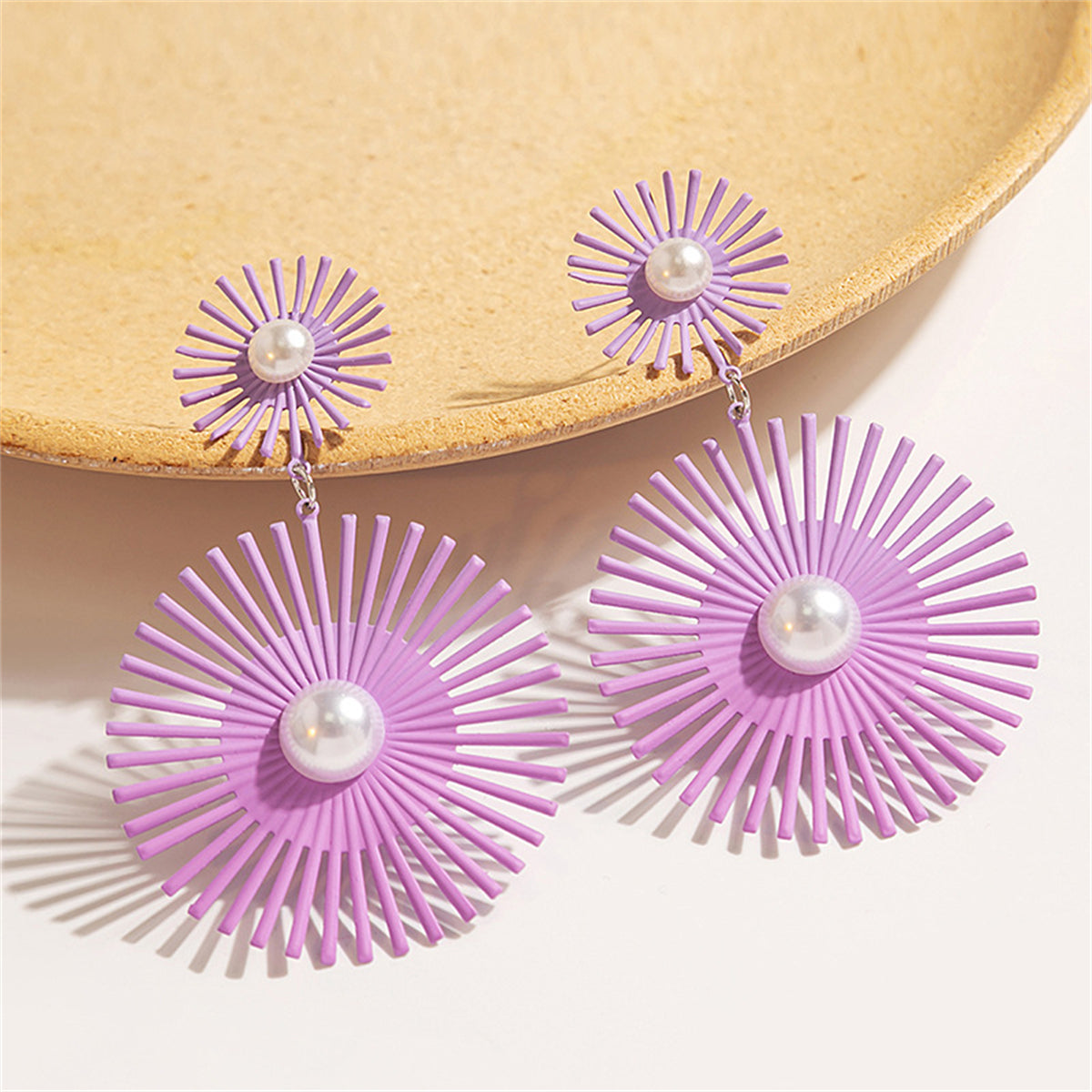 Purple Enamel & Pearl Abstract Botanical Drop Earrings