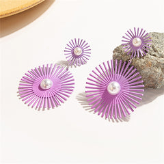 Purple Enamel & Pearl Abstract Botanical Drop Earrings