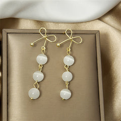 White Cat-Eye & 18K Gold-Plated Bow Triple Tier Round Drop Earrings