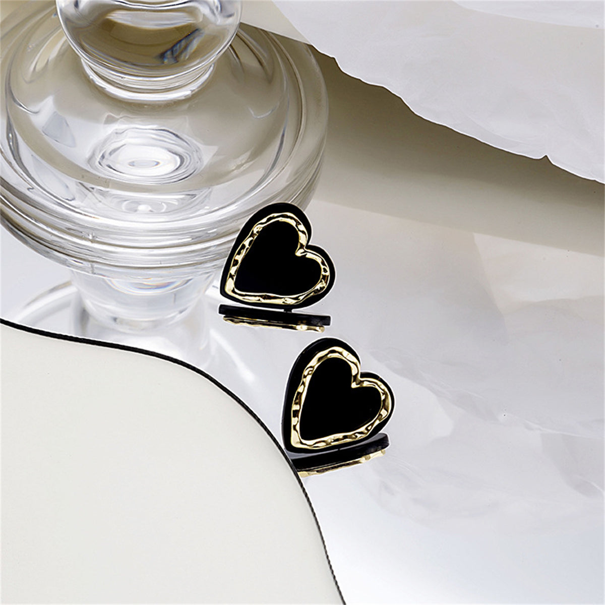 Black Acrylic & 18K Gold-Plated Heart Stud Earrings