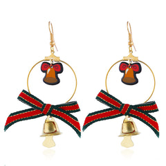 Red & Green Bell Bow Circle Drop Earrings