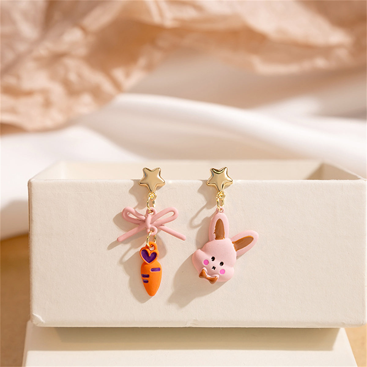 Pink & Orange Enamel Star Rabbit Carrot Drop Earrings