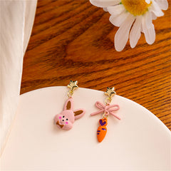 Pink & Orange Enamel Star Rabbit Carrot Drop Earrings