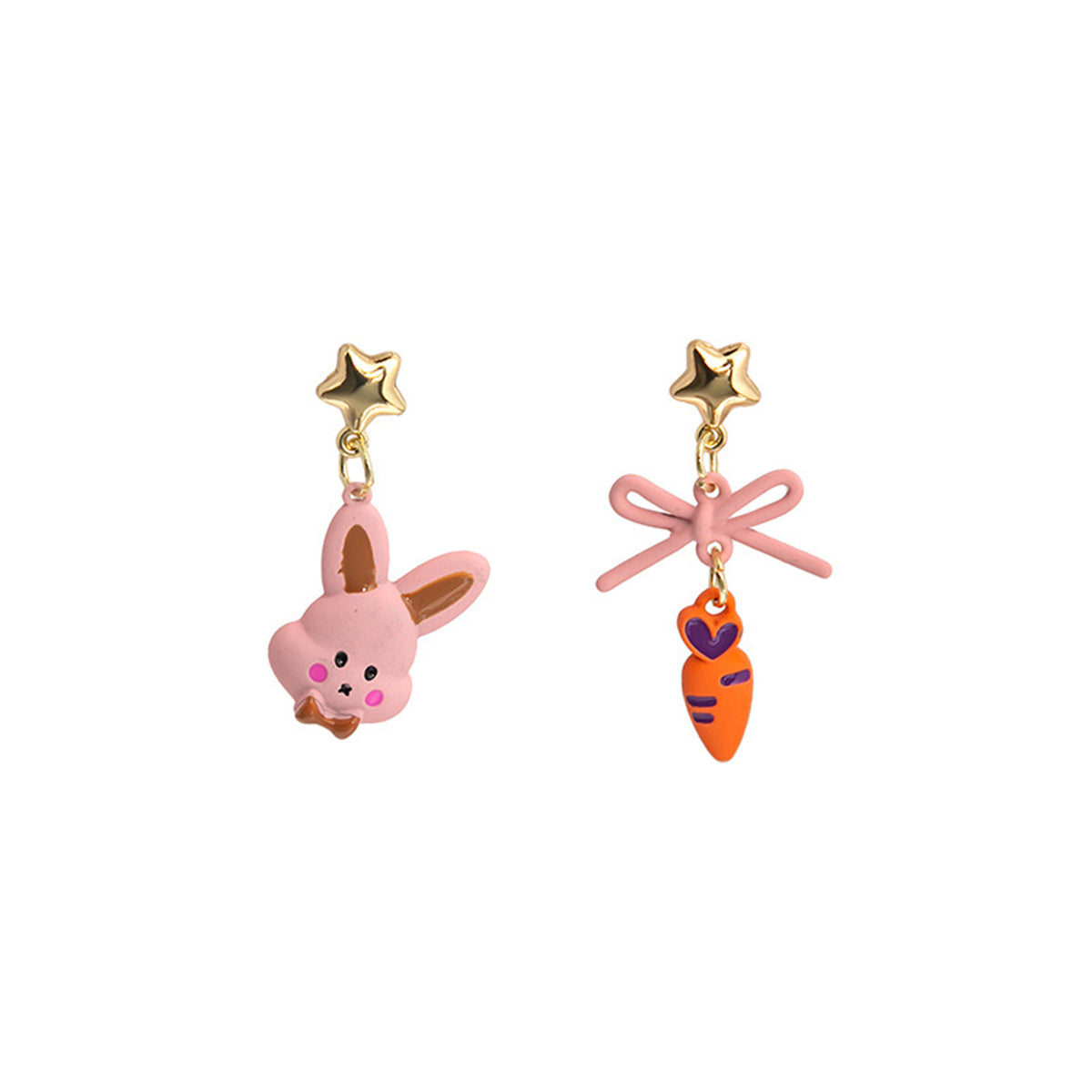 Pink & Orange Enamel Star Rabbit Carrot Drop Earrings