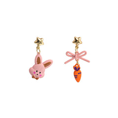 Pink & Orange Enamel Star Rabbit Carrot Drop Earrings