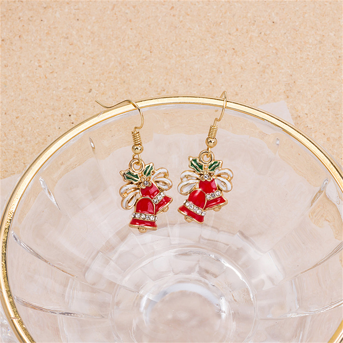 Cubic Zirconia & Red Enamel Jingle Bell Drop Earrings