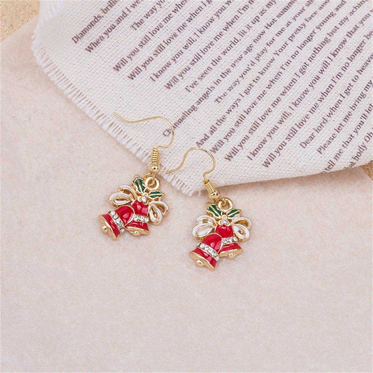 Cubic Zirconia & Red Enamel Jingle Bell Drop Earrings