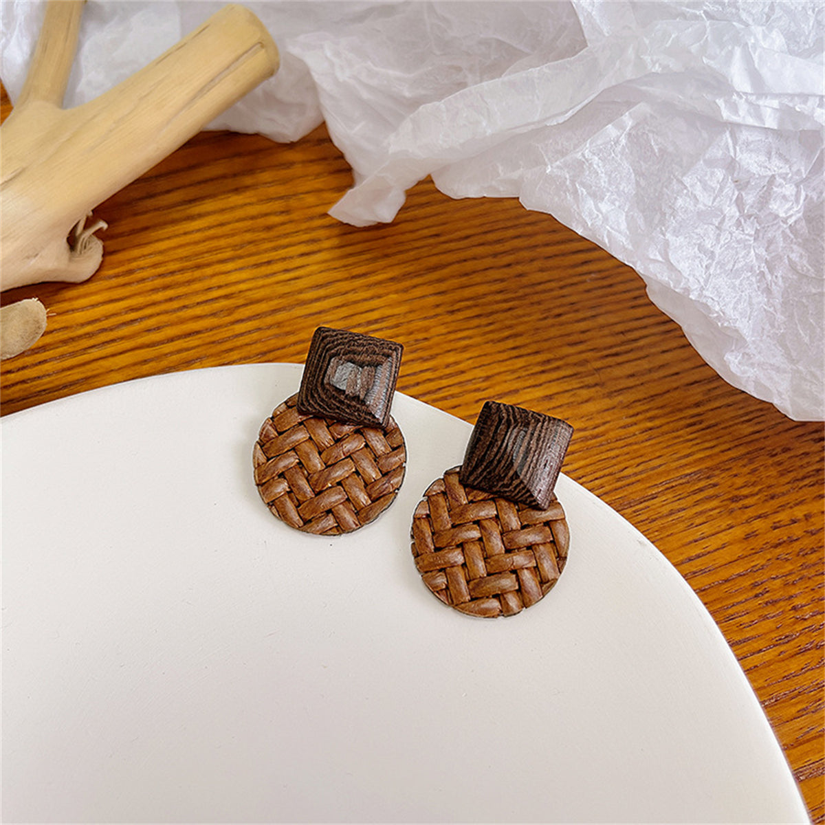 Coffee Rattan & Wood Round Drop Earrings