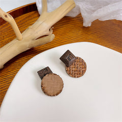 Coffee Rattan & Wood Round Drop Earrings