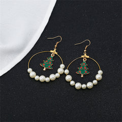 Pearl & Enamel 18K Gold-Plated Christmas Tree Circle Drop Earrings