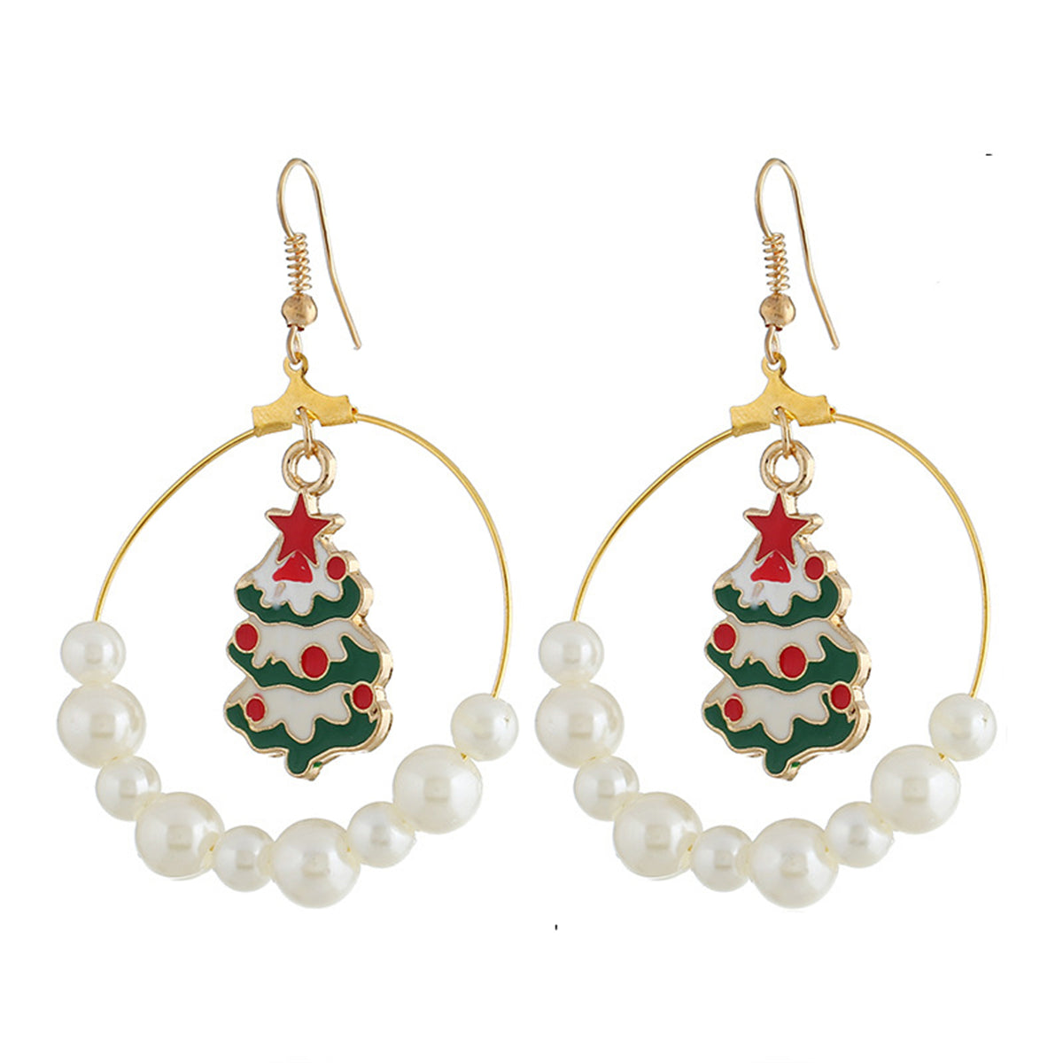 Pearl & Enamel 18K Gold-Plated Green Christmas Tree Circle Drop Earrings