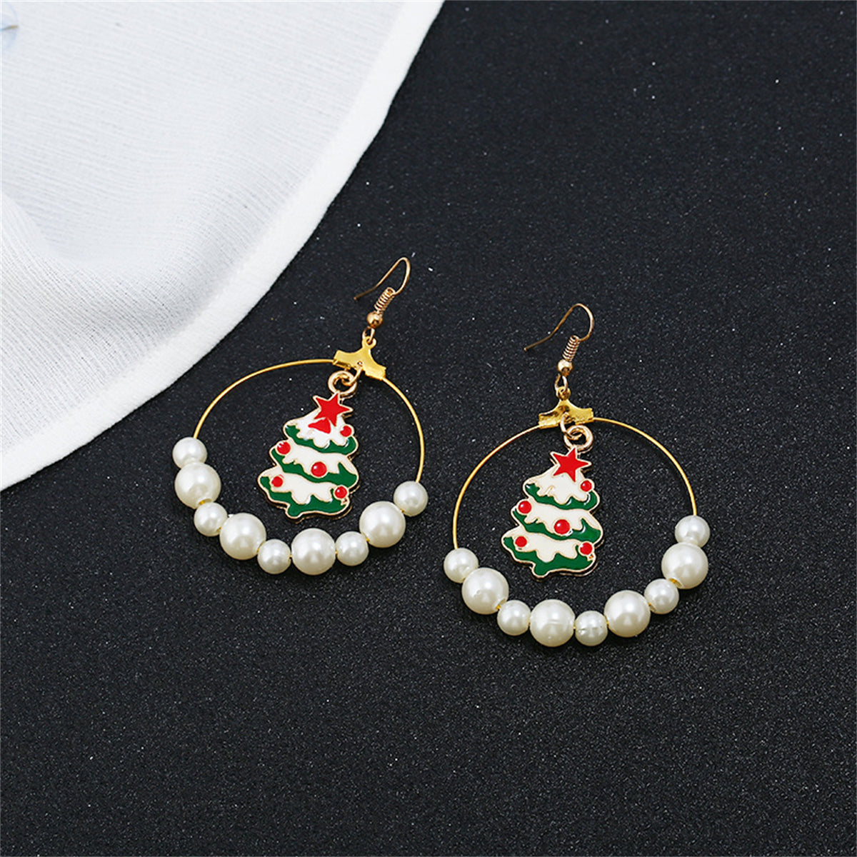 Pearl & Enamel 18K Gold-Plated Green Christmas Tree Circle Drop Earrings