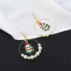 Pearl & Enamel 18K Gold-Plated Green Christmas Tree Circle Drop Earrings