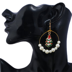 Pearl & Enamel 18K Gold-Plated Green Christmas Tree Circle Drop Earrings