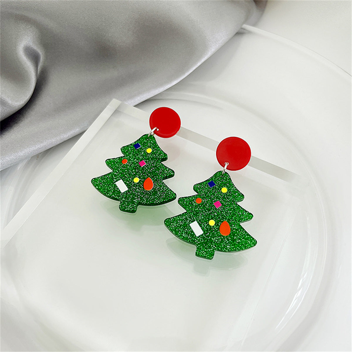 Green & Red Christmas Tree Drop Earrings