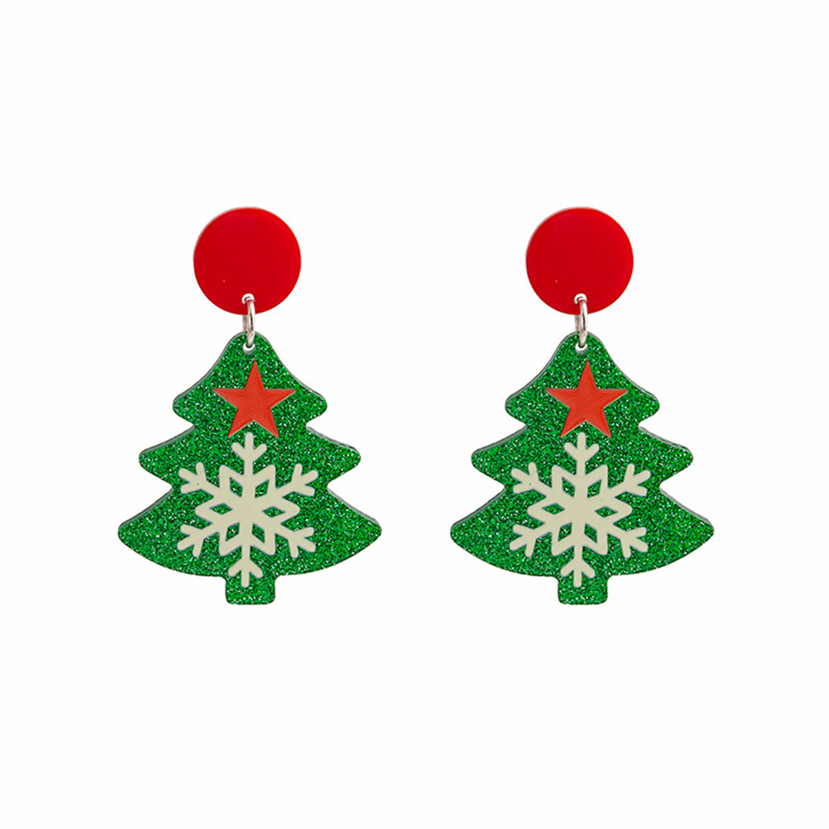 Green & Red Acrylic Silver-Plated Star Christmas Tree Drop Earrings