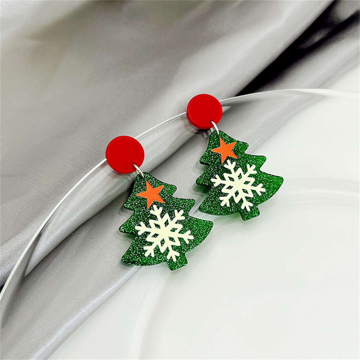 Green & Red Acrylic Silver-Plated Star Christmas Tree Drop Earrings