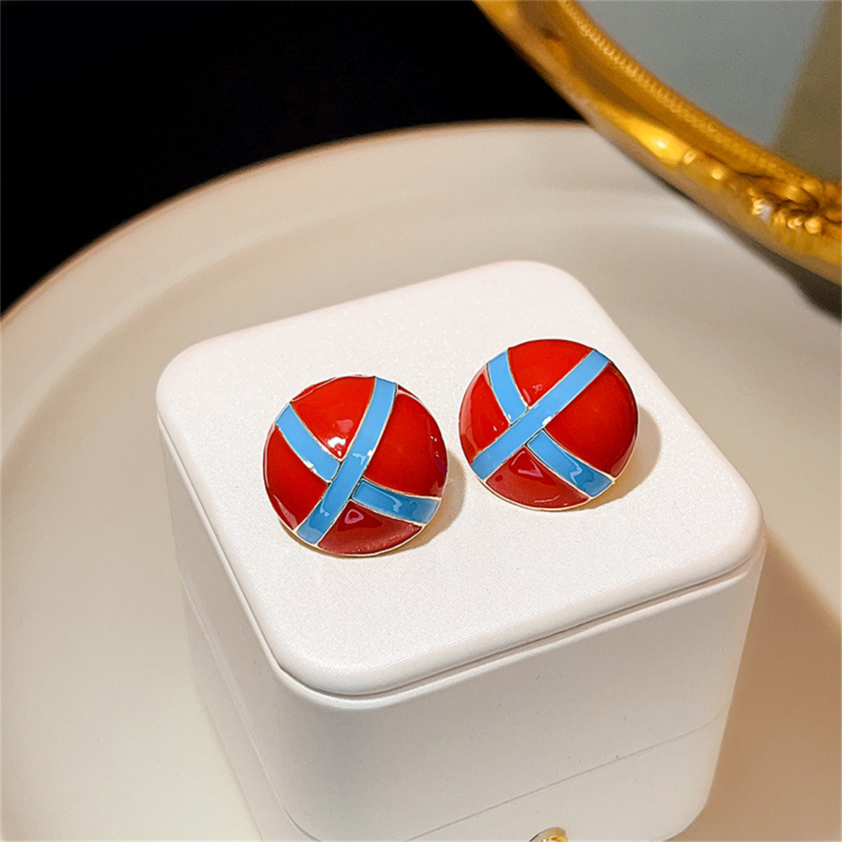 Blue & Red Enamel Round Stud Earrings