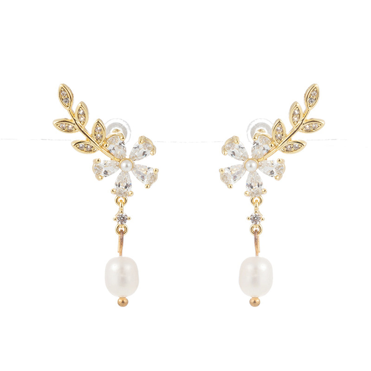 Crystal & Pearl 18K Gold-Plated Botanical Drop Earrings