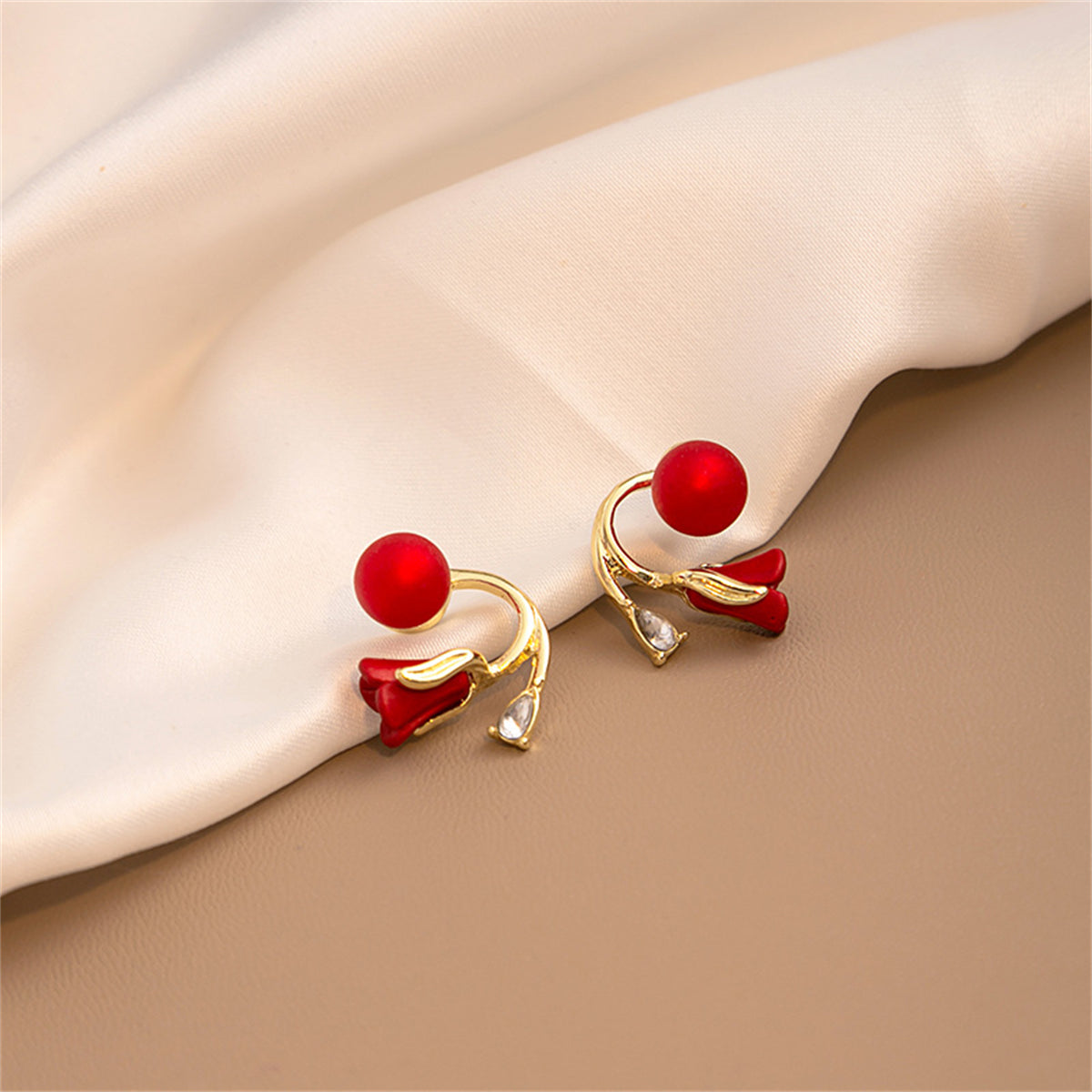 Red Resin & Crystal 18K Gold-Plated Rose Ear Jackets