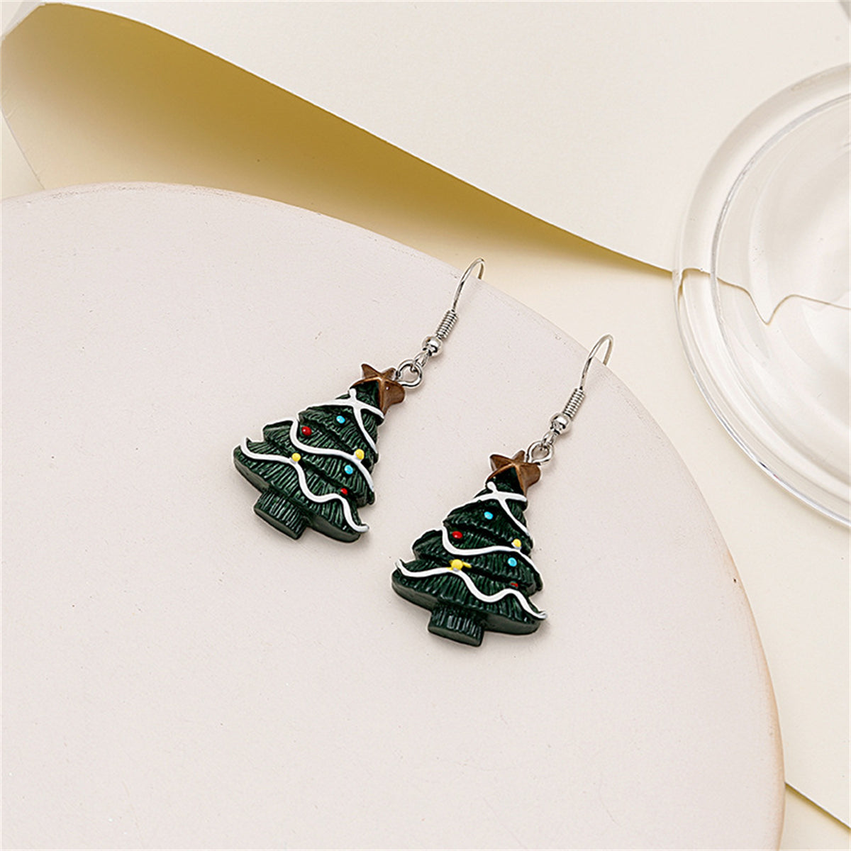 Green Resin & Silver-Plated Christmas Tree Drop Earrings