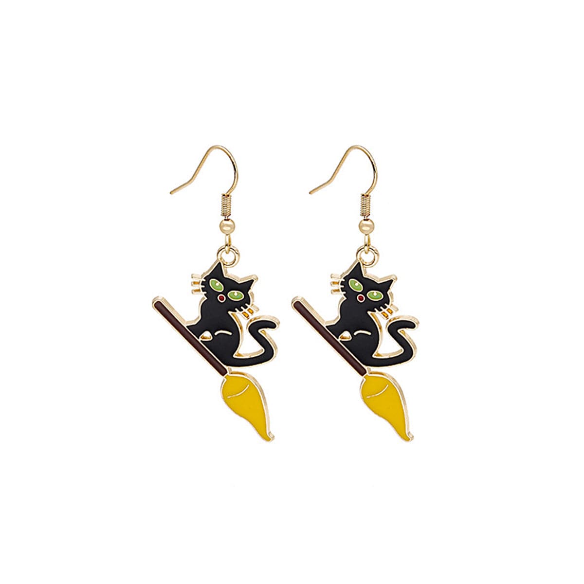 Green Enamel & 18K Gold-Plated Broom Cat Drop Earrings