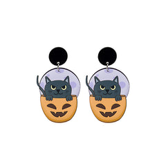 Purple & Black Cat Pumpkin Drop Earrings