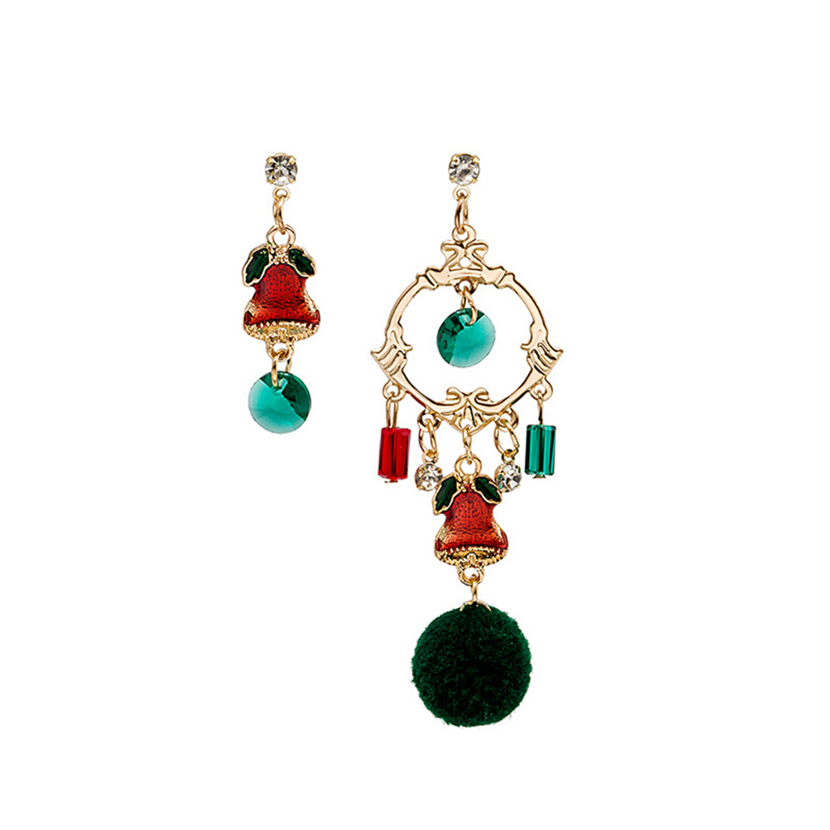 Cubic Zirconia & Enamel 18K Gold-Plated Pom-Pom Bell Mismatched Drop Earrings