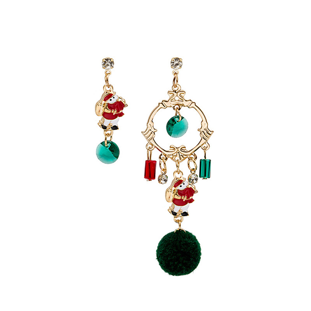 Cubic Zirconia & Enamel 18K Gold-Plated Pom-Pom Santa Mismatched Drop Earrings