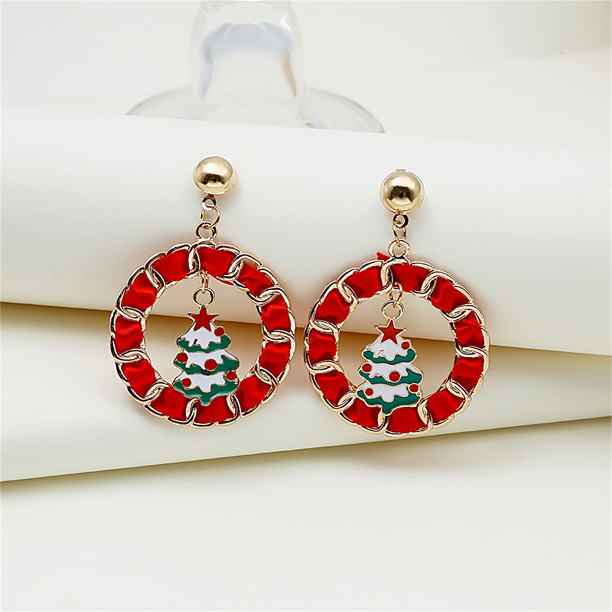 Red Enamel & Polyster 18K Gold-Plated Christmas Tree Curb Chain Circle Drop Earrings