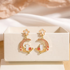 Light Peach Enamel & Pearl Flower Cat Moon Drop Earrings