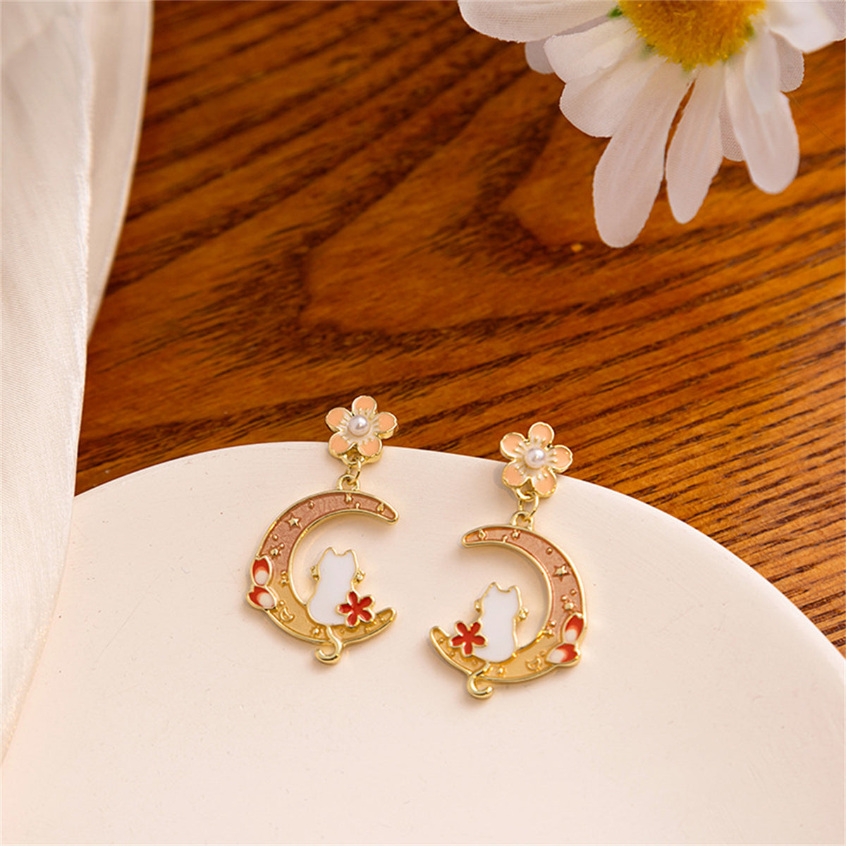 Light Peach Enamel & Pearl Flower Cat Moon Drop Earrings