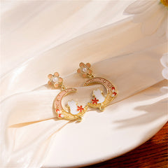 Light Peach Enamel & Pearl Flower Cat Moon Drop Earrings