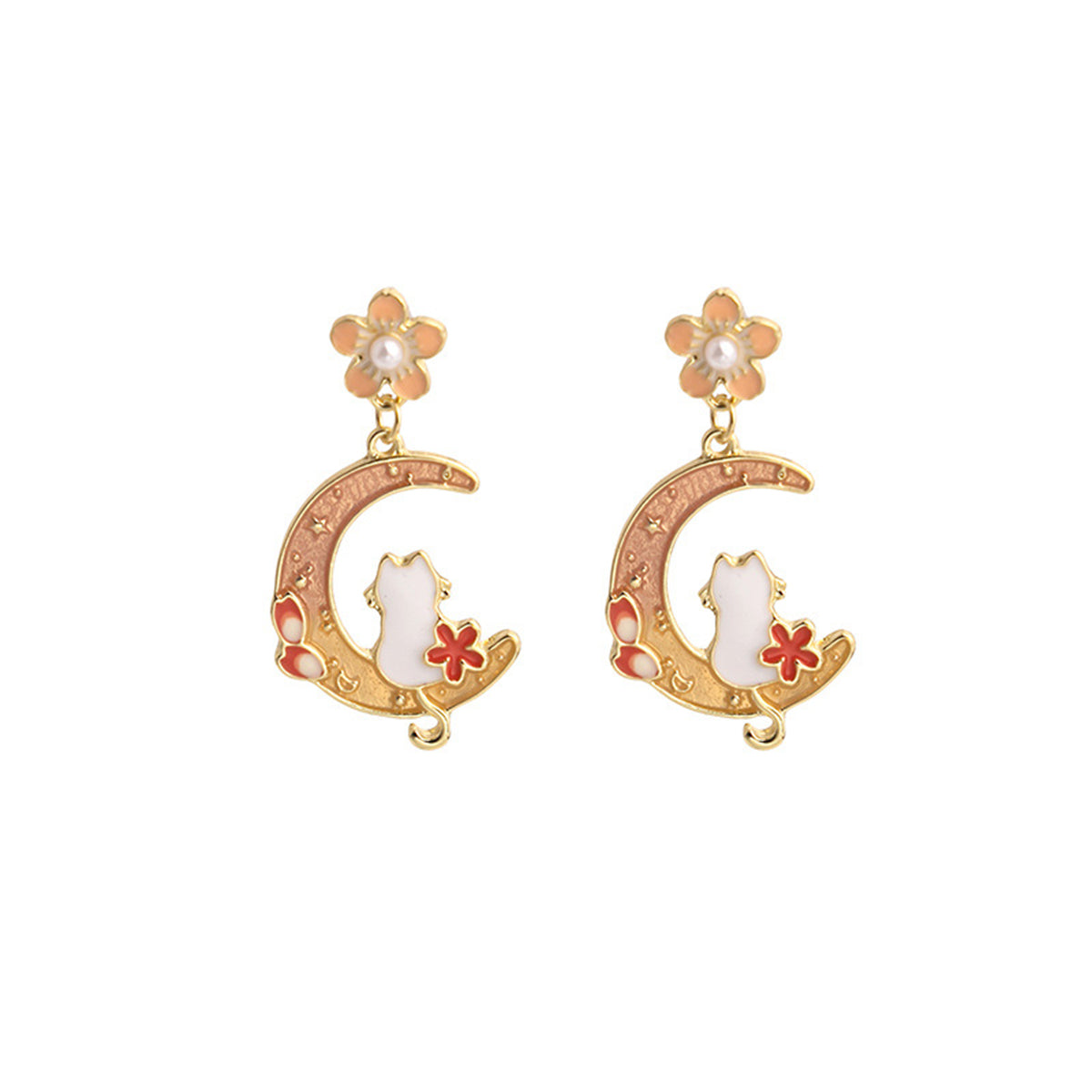 Light Peach Enamel & Pearl Flower Cat Moon Drop Earrings