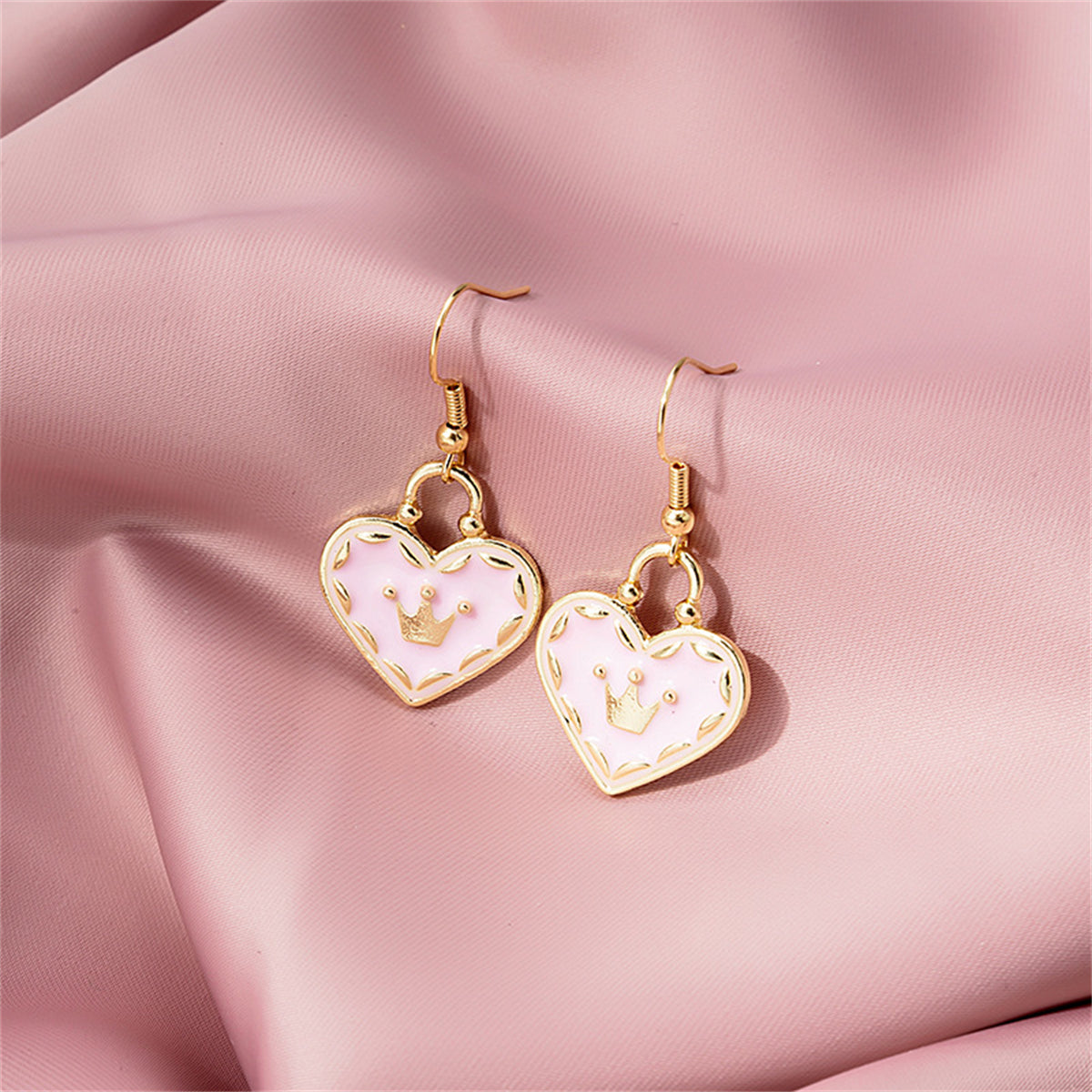 Pink Enamel & 18K Gold-Plated Crown Heart Drop Earrings