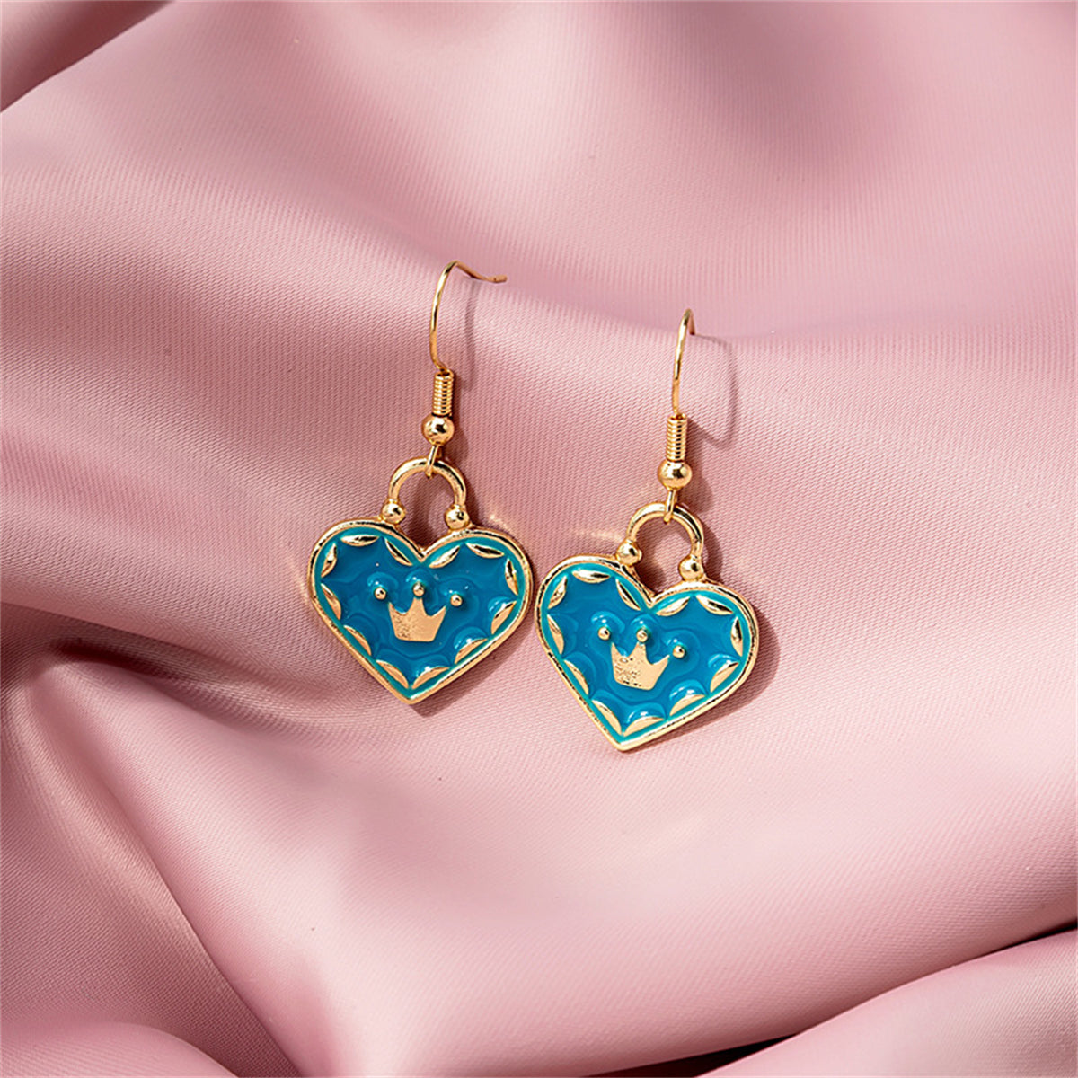 Blue Enamel & 18K Gold-Plated Crown Heart Drop Earrings