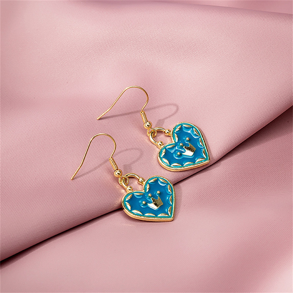 Blue Enamel & 18K Gold-Plated Crown Heart Drop Earrings