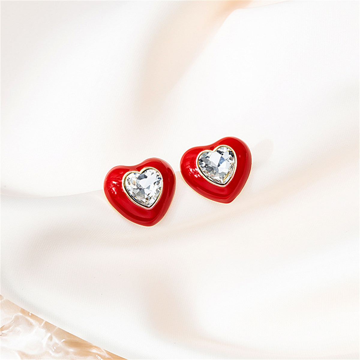 Red Enamel & Crystal 18K Gold-Plated Heart Stud Earrings