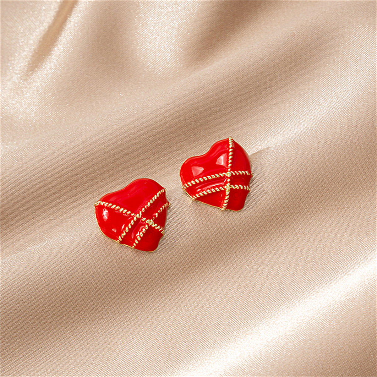 Red Enamel & 18K Gold-Plated Striped Heart Stud Earrings